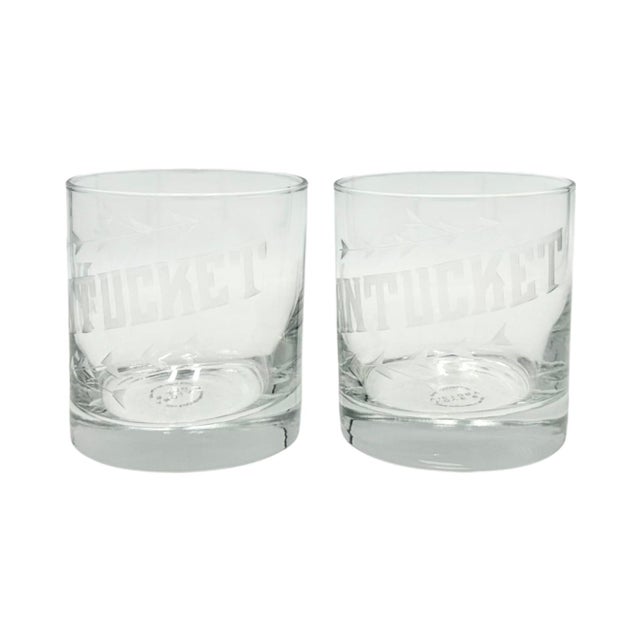 Glass Pair of Nantucket Etched Rocks Cocktail Glasses For Sale - Image 7 of 12