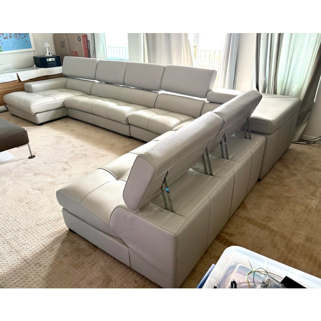 "Amalfi" Nicoletti Italian Soft Grey Leather Sectional Sofa Includes the following 5x Pieces: 1. Wide Chaise lounge with...