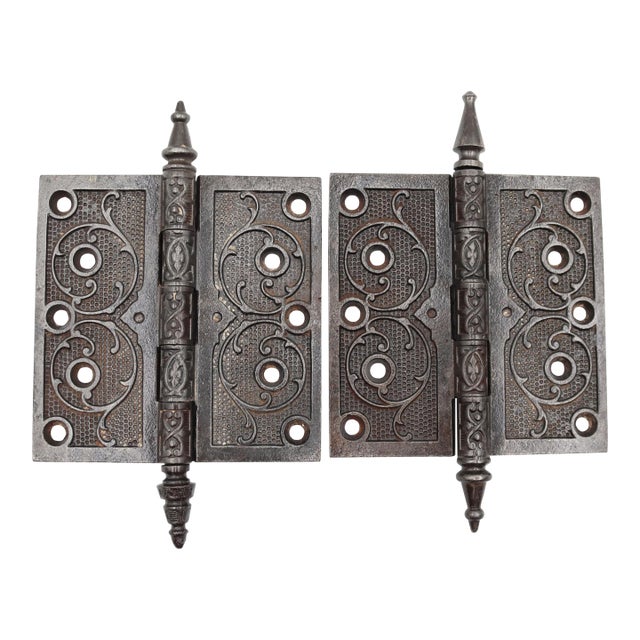 Pair of 5.5 X 5.5 In. Antique Cast Iron Victorian Door Hinges For Sale