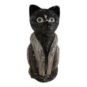 Vintage Folk Art Hand-Carved Wooden Cat Sculpture – Black & White Primitive