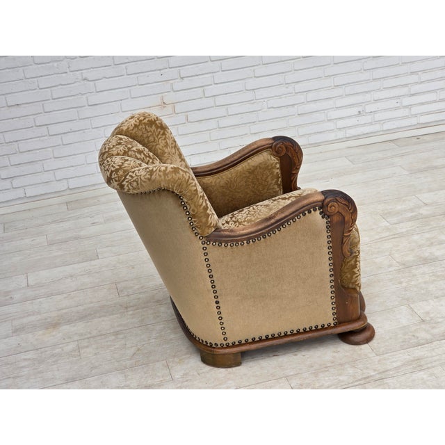 Danish Relax Armchair in Furniture Velour and Carved Oak Wood, 1950s For Sale - Image 13 of 18