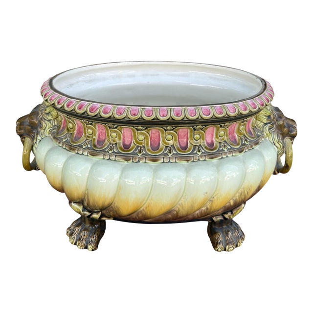 Antique Art Nouveau Lion Head Majolica Pottery Jardiniere by Julius Dressler For Sale