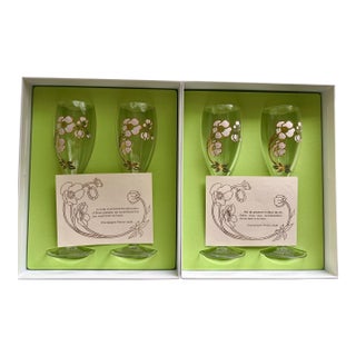 Perrier-Jouët Hand Painted Vintage Champagne Flutes- A Pair in Original Box For Sale