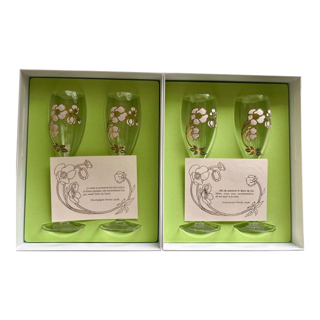 Perrier-Jouët Hand Painted Vintage Champagne Flutes- A Pair in Original Box For Sale