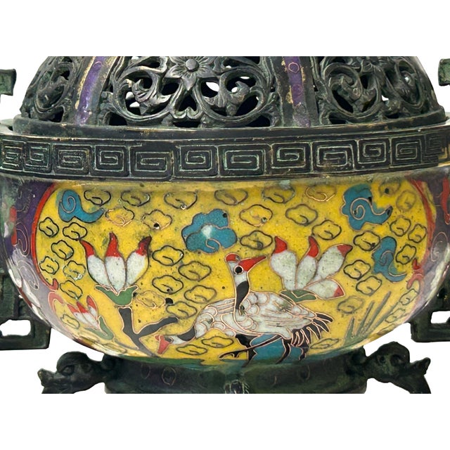 Chinese Metal Blue Yellow Enamel Cloisonne Ding Shape Incense Burner Figure For Sale - Image 13 of 13