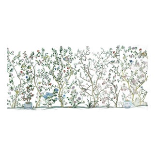 Mint Green Chinoiserie Mural | 5-Panel Hand-Painted Floral & Bird Wallpaper For Sale