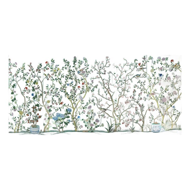 Mint Green Chinoiserie Mural | 5-Panel Hand-Painted Floral & Bird Wallpaper For Sale