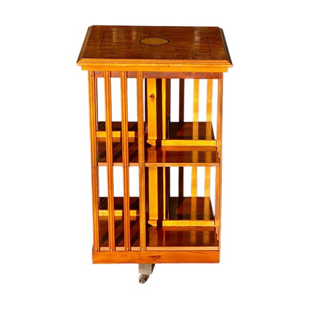 Antique 2 Tier Carpathian Elm Revolving Bookcase With Paterae Inlay For Sale - Image 4 of 12