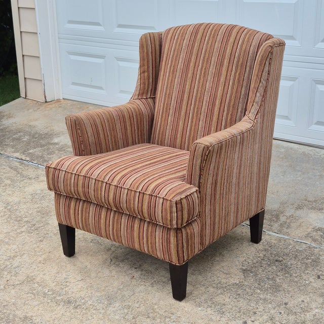 2010 Stratford Caye Transitional Striped Cocoa Brown Wingback Arm Chair For Sale - Image 13 of 13