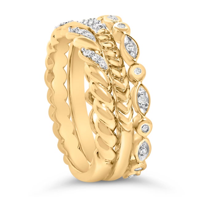 Haus of Brilliance 14K Yellow Gold Plated Sterling Silver 1/4 Cttw Diamond Twist Leaf Stackable Ring Set - Size 7 For Sale - Image 4 of 6