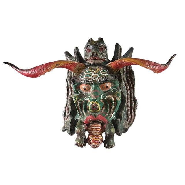 Mexican Folk Art Horned Mask Wall Decor Circa 1900s For Sale - Image 4 of 5
