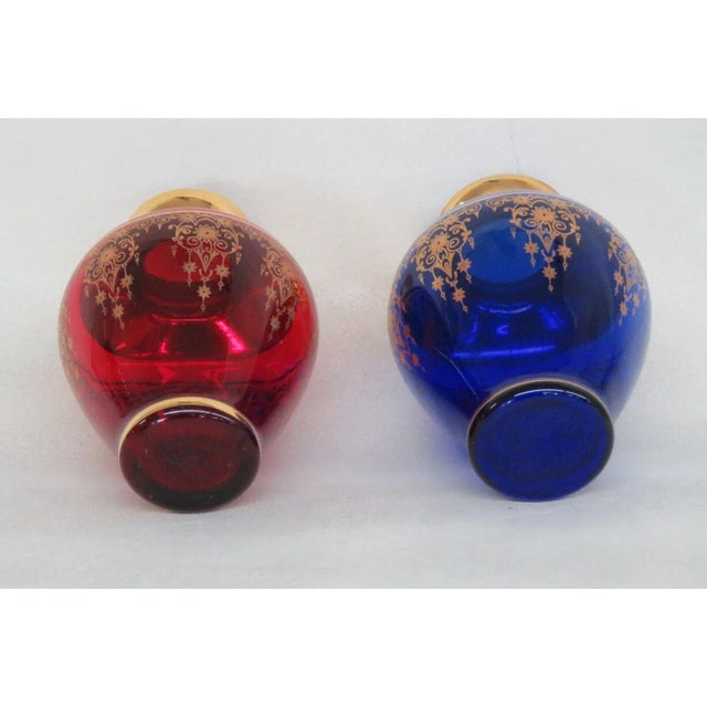 Ferro and Lazzarini Cobalt Blue Ruby Red Glass 22k Gold Leaf Vases a Pair For Sale In Miami - Image 6 of 10