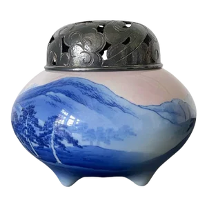 Early 20th Century Makuzu Kozan Japanese Glazed Ceramic and Silver Koro Incense Burner