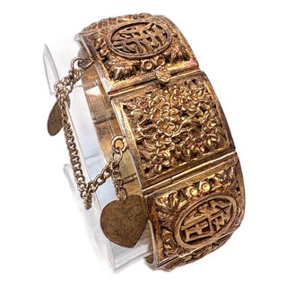 Vintage Mid‑Century Chinese Solid Cast Brass Fú‑Lù‑Shòu Blessings Bracelet For Sale