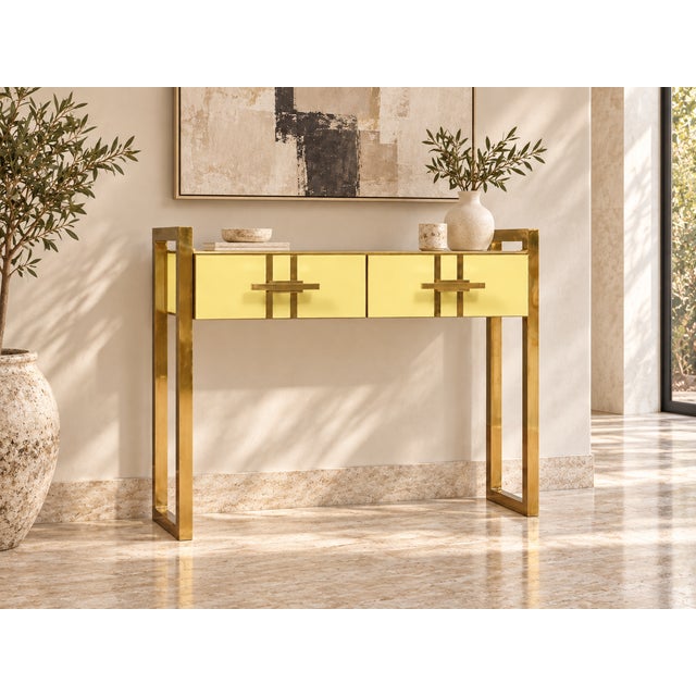 Yellow Italian Console Table in Butter Yellow Murano Glass and Brass from Justfurnituress SRL For Sale - Image 8 of 10