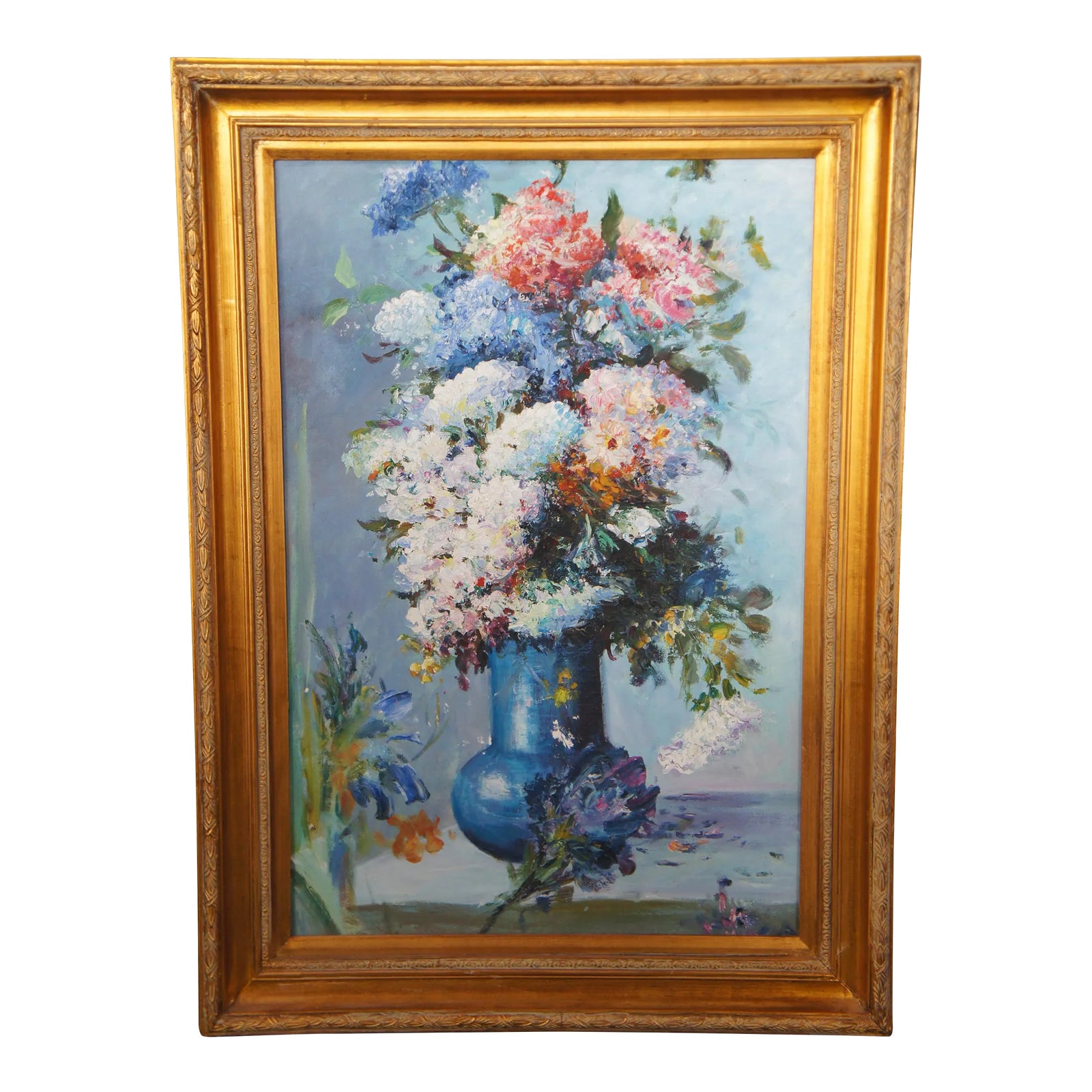 20th Century Still Life Oil Painting Bouquet of Flowers in Blue Vase ...