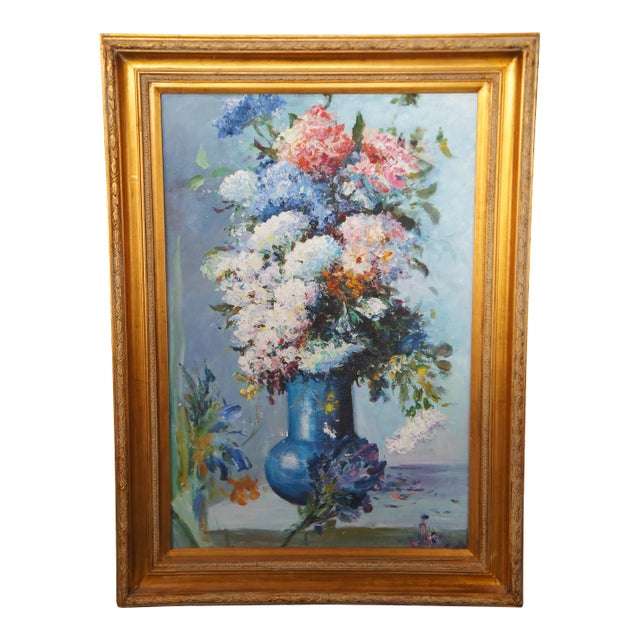 20th Century Still Life Oil Painting Bouquet of Flowers in Blue Vase Framed 43" For Sale
