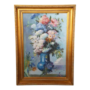 20th Century Still Life Oil Painting Bouquet of Flowers in Blue Vase Framed 43"
