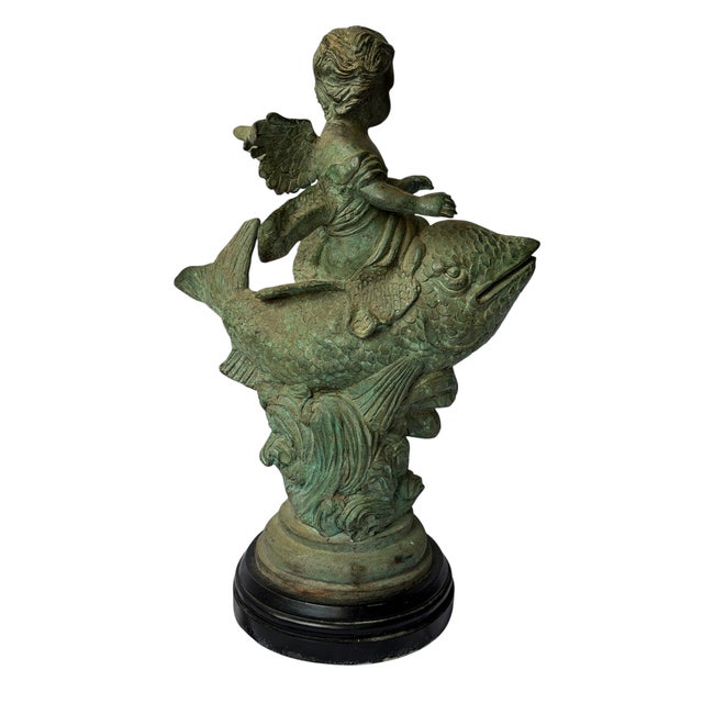 Verdigris 20th Century Continental Verdigris Bronze Putto Riding Fish Sculpture For Sale - Image 8 of 11
