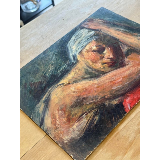 Vintage Mid-Century Figurative Oil Painting on Board | Woman in Thought For Sale - Image 4 of 7