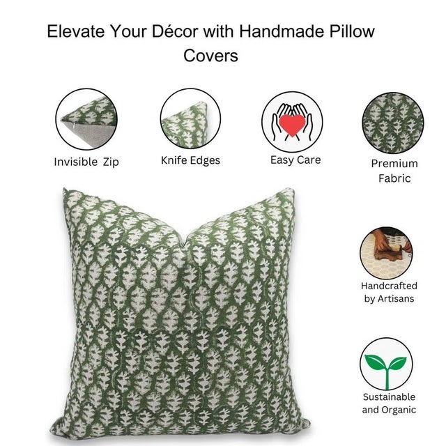 Green Fabdivine Handcrafted Cushion Cover 20x20 Inch Floral Design Thick Linen-Wajeer For Sale - Image 8 of 8