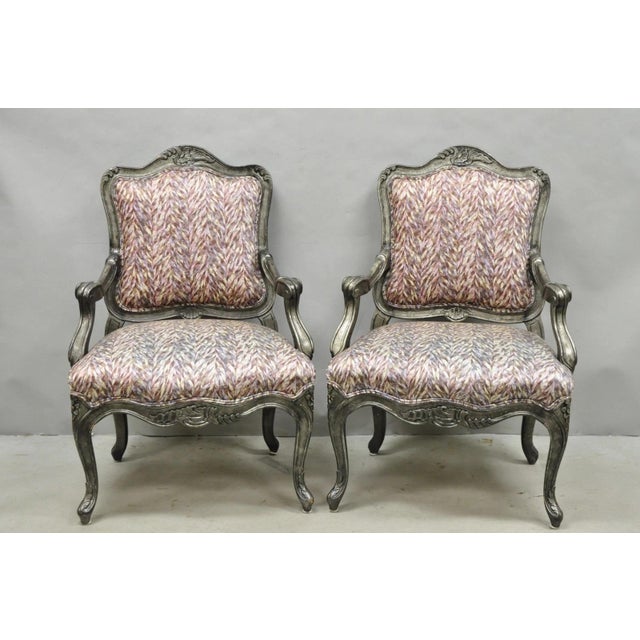 Vintage Italian Baroque Rococo Style Silver Leaf Gilt Lounge Arm Chairs - a Pair. Circa Late 20th Century. Measurements:...