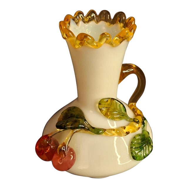 Antique Stevens & Williams Uranium Custard Glass Vase Applied Fruit Cherries 5" C. 1880 For Sale