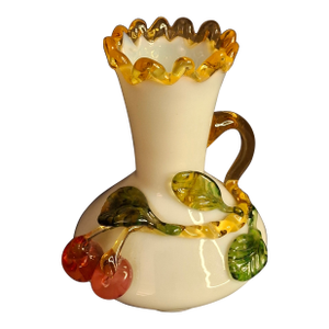 Antique Stevens & Williams Uranium Custard Glass Vase Applied Fruit Cherries 5" C. 1880