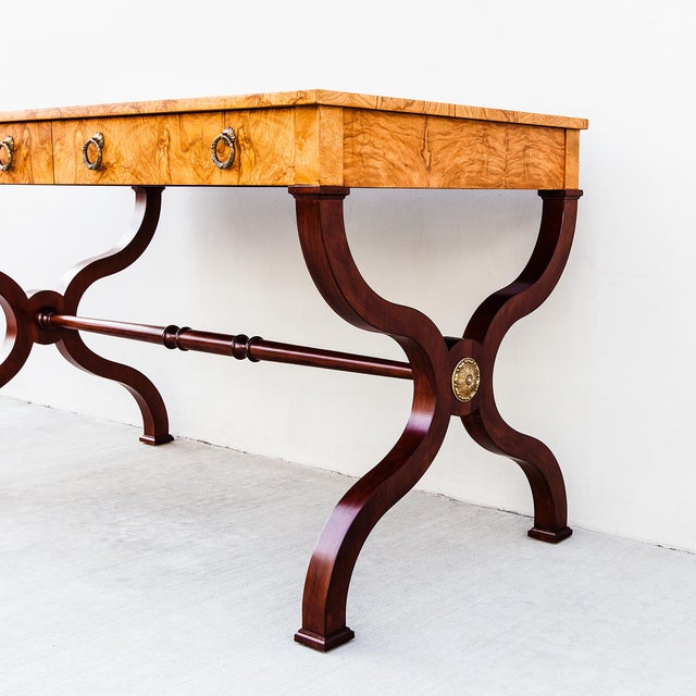 Restored Burl & Brass Vintage Regency Writing Desk by Baker For Sale - Image 9 of 15
