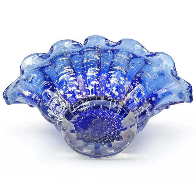 Blue Barovier Toso Murano Vintage Cobalt Blue Silver Flecks Italian Art Glass Conch Shell Bowl Vase For Sale - Image 8 of 9
