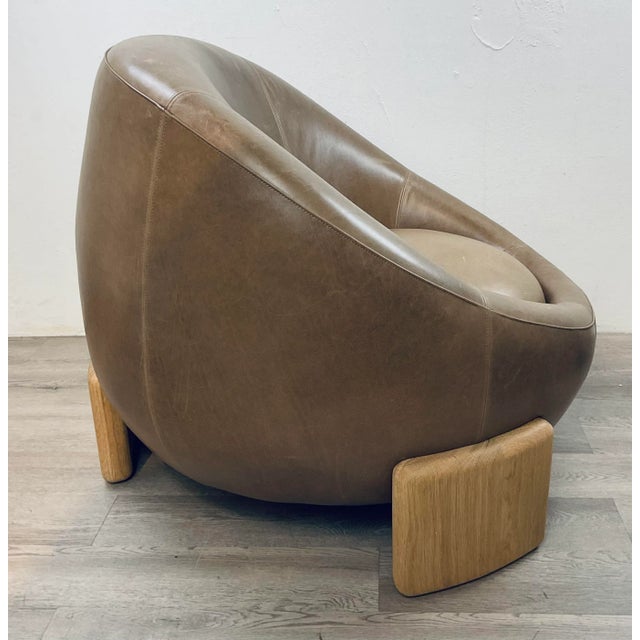 Original retail $3497, stylish Theodore Alexander Modern Chocolate Brown Leather Arlo Club Chair, warm oak wood legs,...