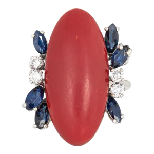 Sardinian Red Coral Sapphire Diamond Ring Vintage 18 Karat Gold Fine Cocktail size 5.5
