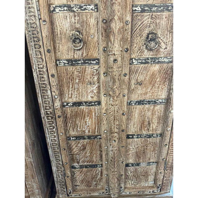 Mid-Century Modern Antique-Inspired Arched Door Cabinet | Tall Limewashed Farmhouse Armoire With Rustic Patina 80x33 For Sale - Image 3 of 6