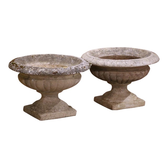Early 20th Century French Carved Weathered Stone Garden Urns Planters - Set of 2 For Sale