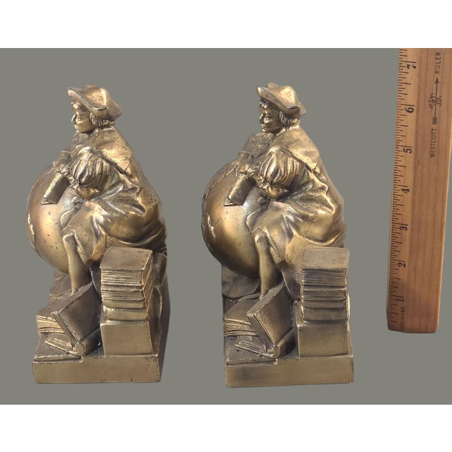 Pair of Antique Christopher Columbus Bronzed Bookends Maps, Books, Globe C1927 For Sale - Image 11 of 12