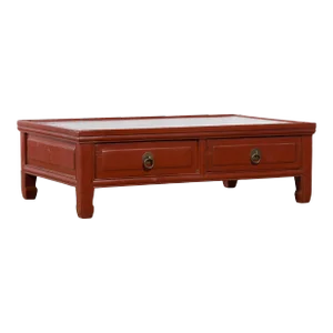 Qing Dynasty Red Lacquer Horse Hoof Feet 2-Drawer Low Kang Coffee Table