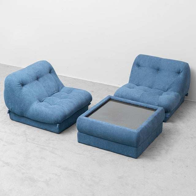 Vintage Lounge Chairs with Coffee Table in Blue Fabric, 1970s, Set of 3 For Sale - Image 13 of 13
