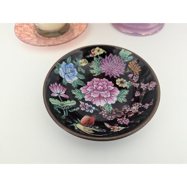 Black Vintage Chinese Enamel Ceramic and Brass Decorative Bowl Wall Hanging For Sale - Image 8 of 8