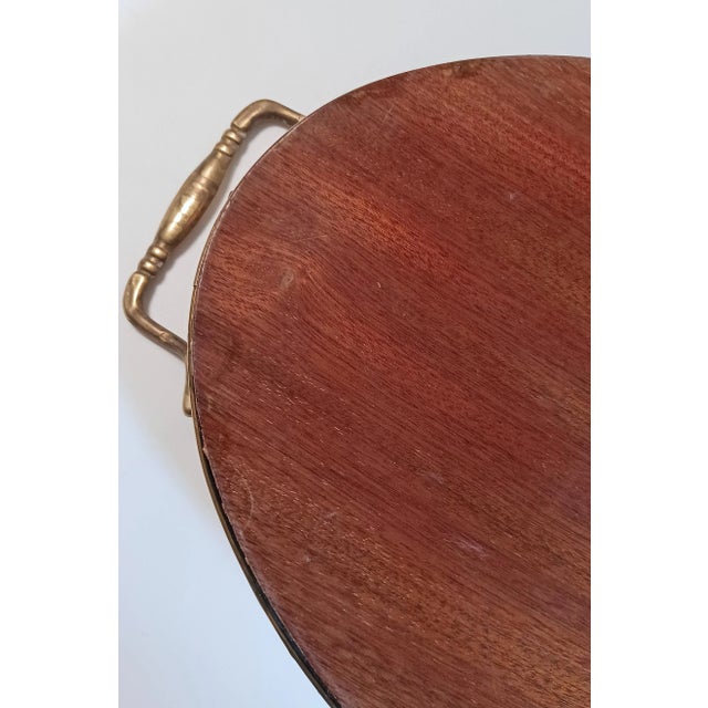 Wood Mid 20th Century Italian Marquetry Wood Inlay Oval Serving Tray With Brass Gallery Rail & Handles For Sale - Image 7 of 8