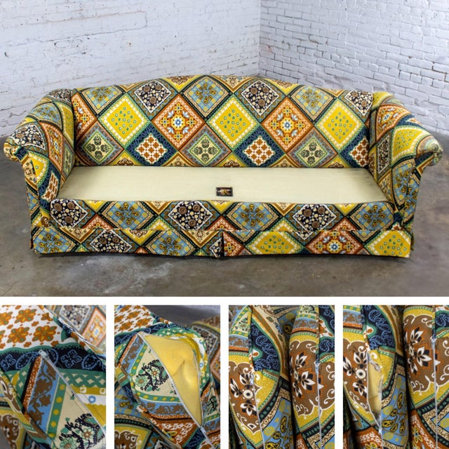 Late 20th Century Camelback Sofa W/Multicolored Patchwork Fabric & Tight Back by Rowe Furniture For Sale - Image 17 of 18