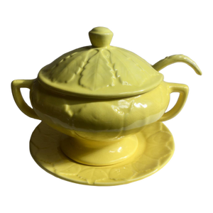 Circa 1970 Maurice Ceramics Glazed Yellow "Leaf" Soup Tureen & Ladle