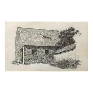 Vintage Brandywine-Style Realist Architectural Graphite Study of a Brick Barn, Framed For Sale