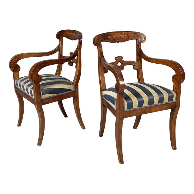 Mid 19th Century Italian Chairs in Wood and Striped Fabric, Set of 2 For Sale