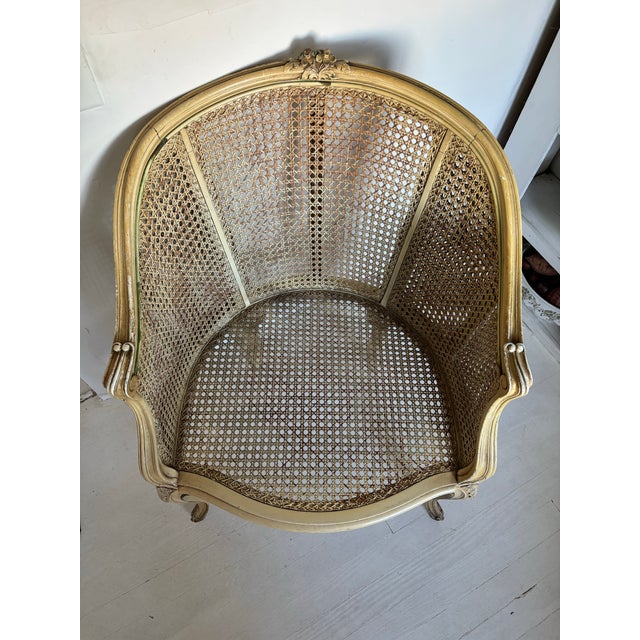Mid 20th Century Vintage French Louis XV Style Carved Cane Barrel Back Armchair For Sale - Image 5 of 11