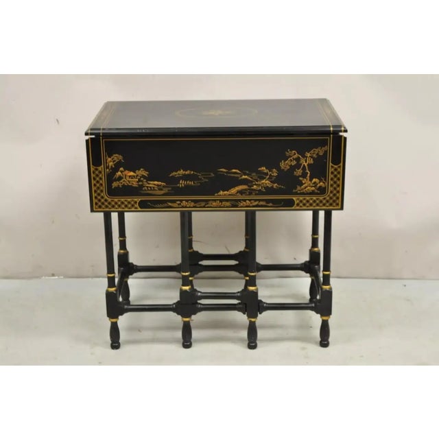 Drexel Heritage Drexel Et Cetera Asian Chinoiserie Black Lacquer Small Gateleg Side Table For Sale - Image 4 of 8