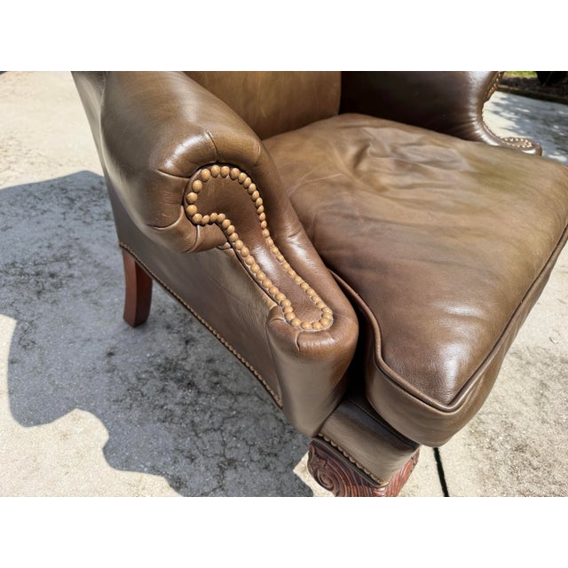 Vintage Ethan Allen Leather Wingback Armchair With Carved Claw Feet For Sale - Image 11 of 12