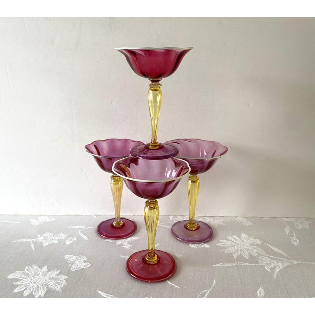 Art Nouveau 1920s Victor Durand Art Nouveau Hand Blown Ruby Red & Yellow Stems Champagne Glasses-Set of 4 #411 For Sale - Image 3 of 11
