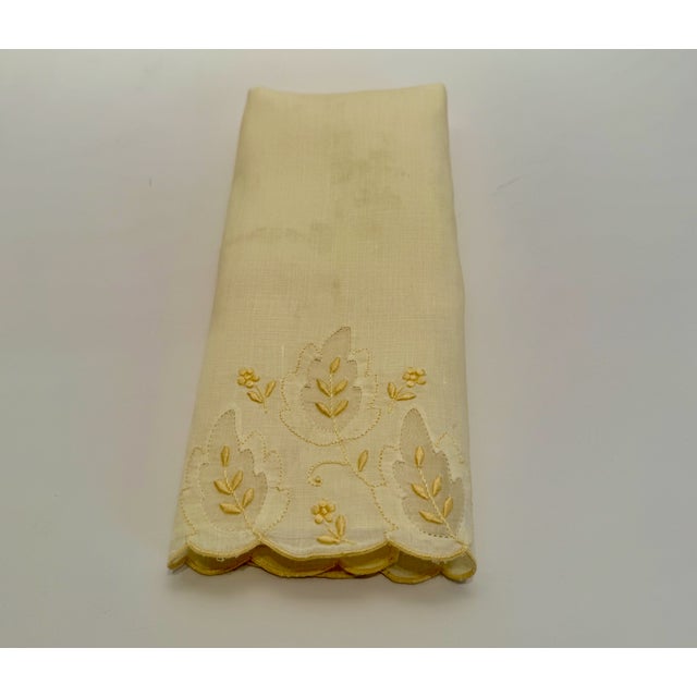 Traditional Pair Vintage Embroidered Pale Yellow Madeira Linen & Organza Fingertip Towels For Sale - Image 3 of 15