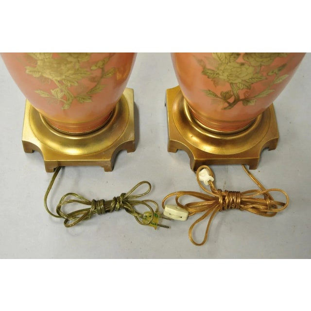 Vintage Marbro Chinoiserie Salmon Coral Pink Porcelain Table Lamps - A Pair For Sale - Image 10 of 12