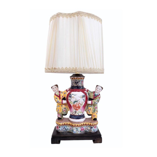Pair of Antique Famille Rose Chinese Pottery Figural Designer Table Lamps For Sale - Image 4 of 4